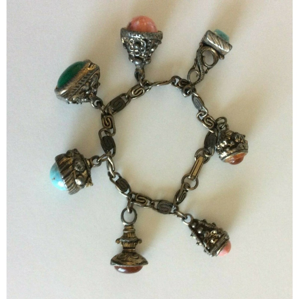 Vintage Chunky Fob Charm Bracelet Ornate Stones - Picture 2 of 9